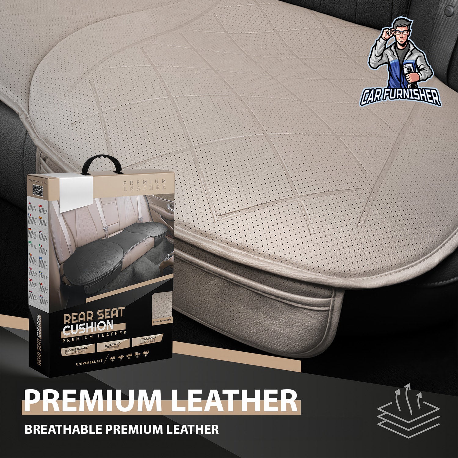 Car Seat Protector - Premium Leather Design Beige 1x Front Back Bottom Leather
