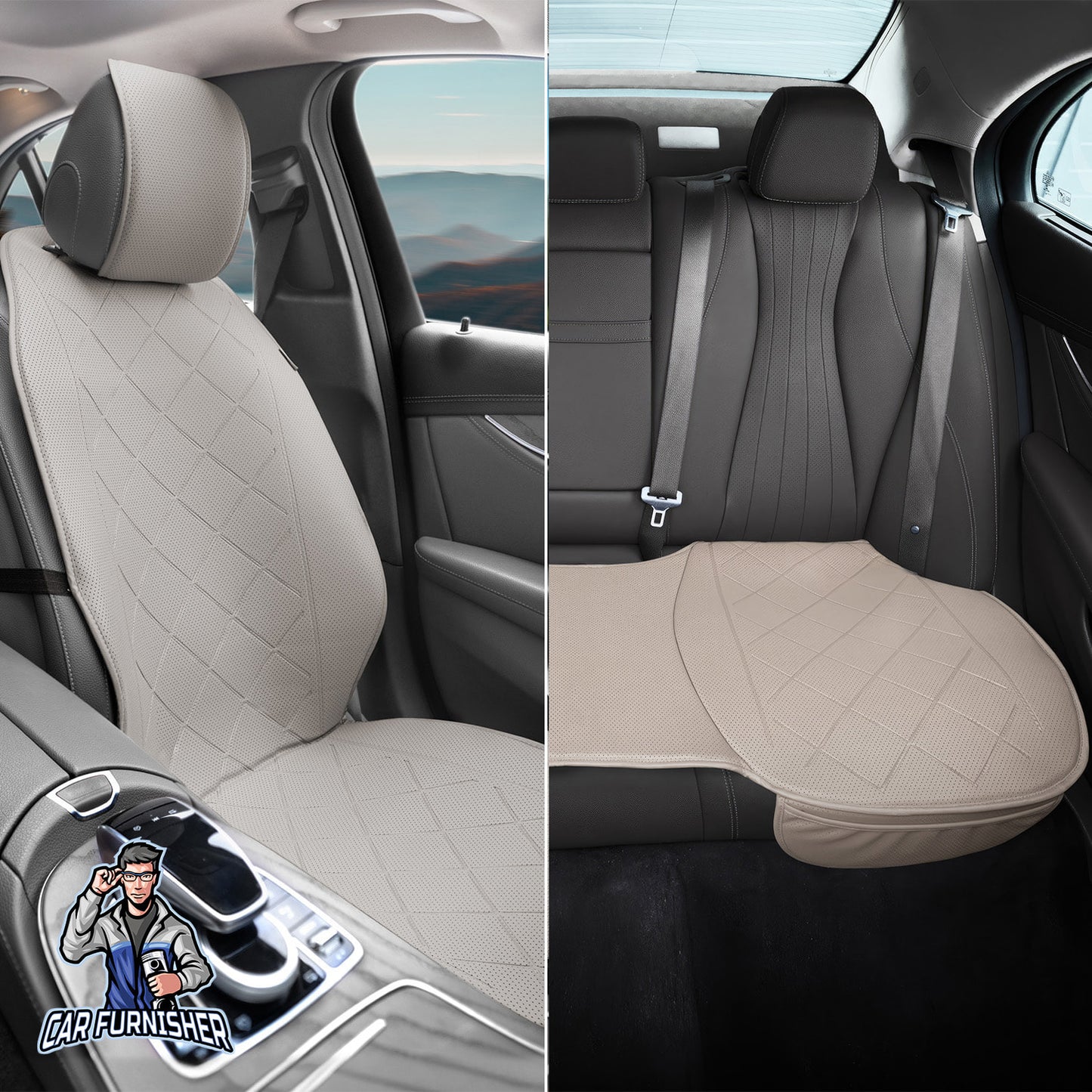 Car Seat Protector - Premium Leather Design Beige Full Set (2x Front Seats & 1x Back Bottom) Leather