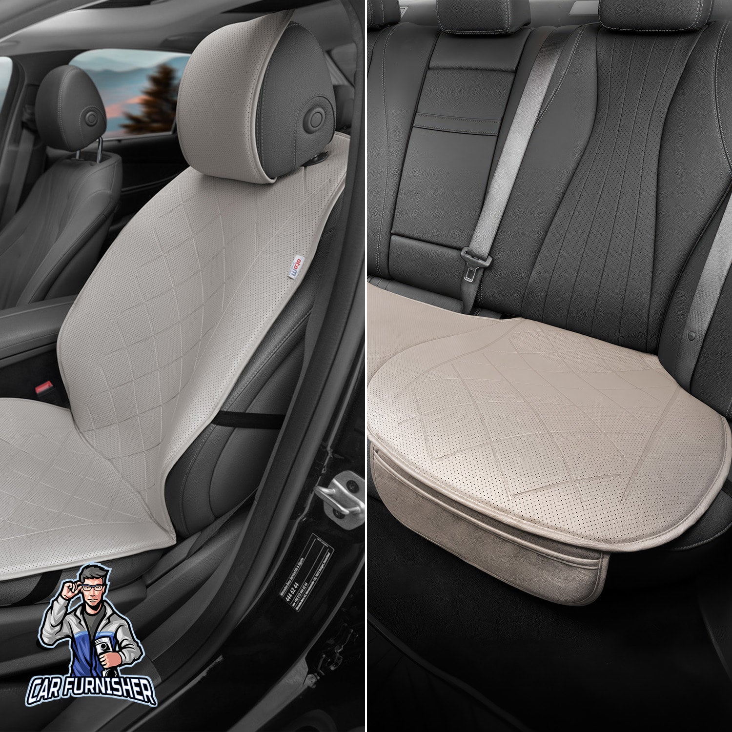 Car Seat Protector - Premium Leather Design Beige Full Set (2x Front Seats & 1x Back Bottom) Leather