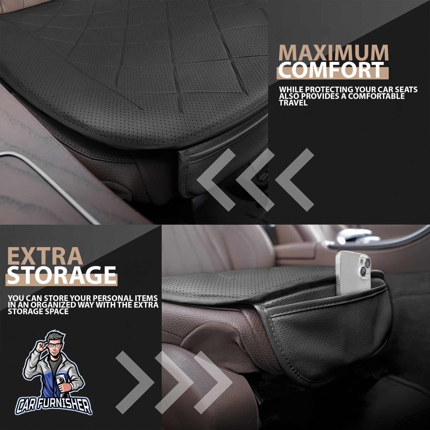 Car Seat Protector - Premium Leather Design Black 1x Front Seat Bottom Leather