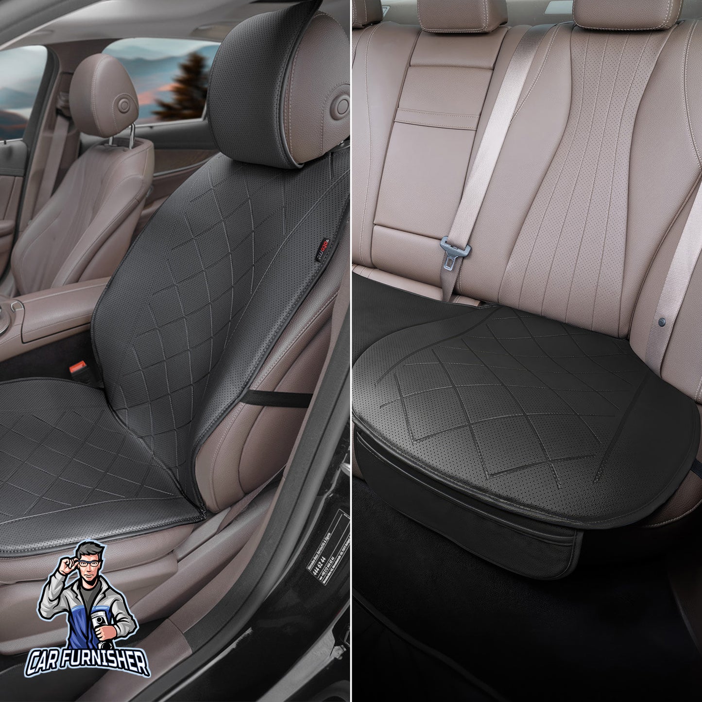 Car Seat Protector - Premium Leather Design Black Full Set (2x Front Seats & 1x Back Bottom) Leather