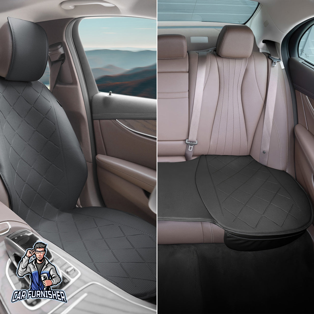 Car Seat Protector - Premium Leather Design Black Full Set (2x Front Seats & 1x Back Bottom) Leather