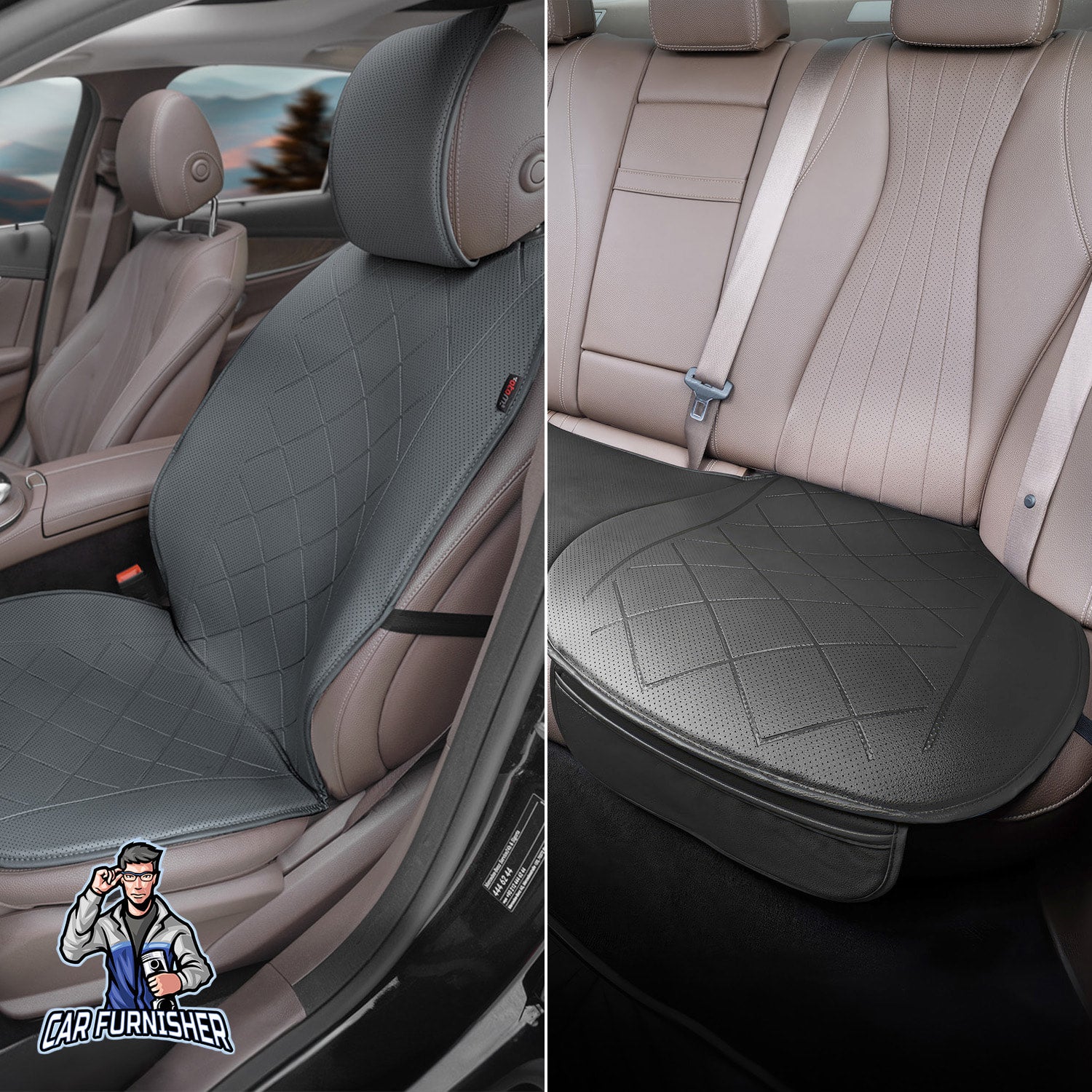 Car Seat Protector - Premium Leather Design Smoked Full Set (2x Front Seats & 1x Back Bottom) Leather