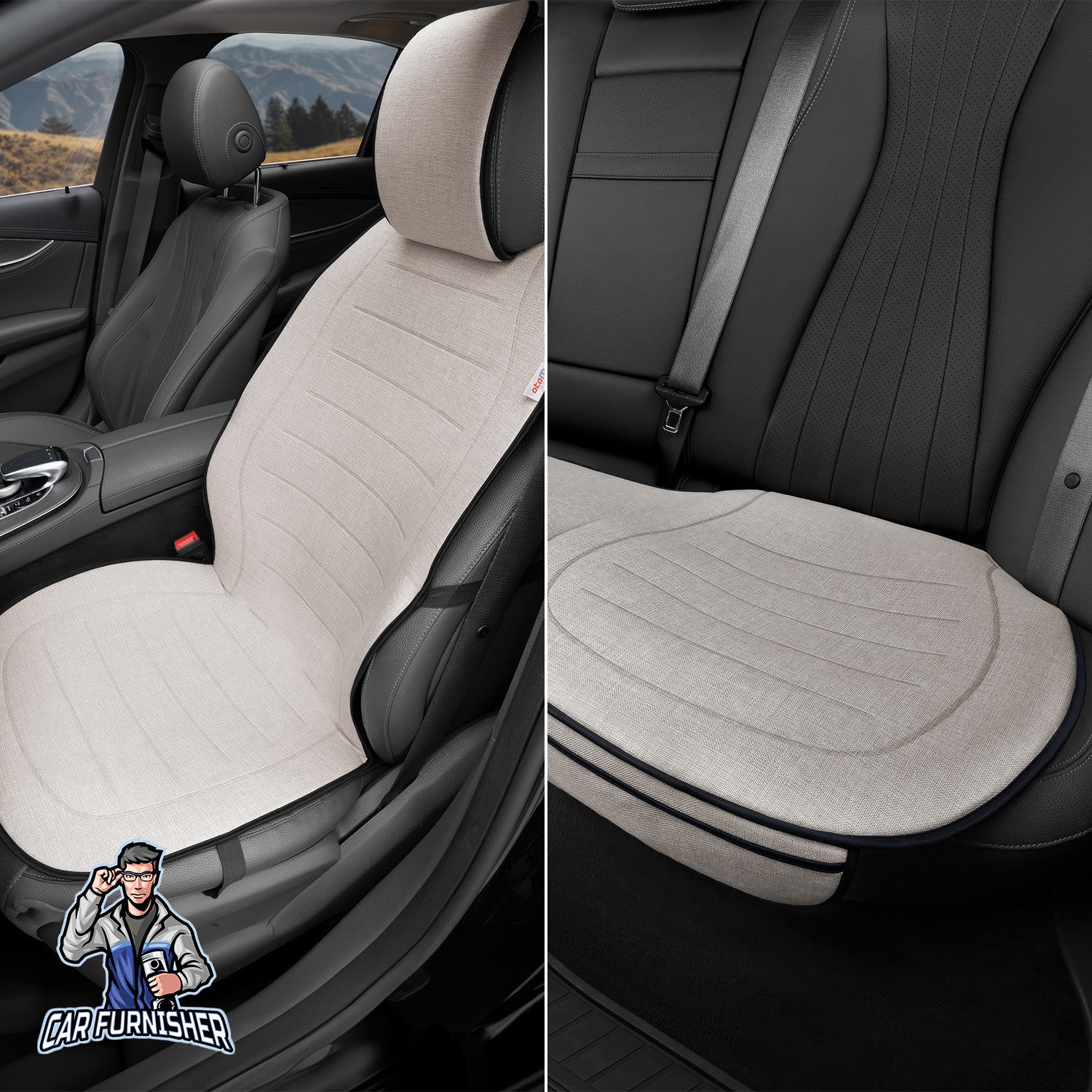 Car Seat Protector - Premium Linen Design Beige Full Set (2x Front Back 1x Back Bottom) Linen Fabric