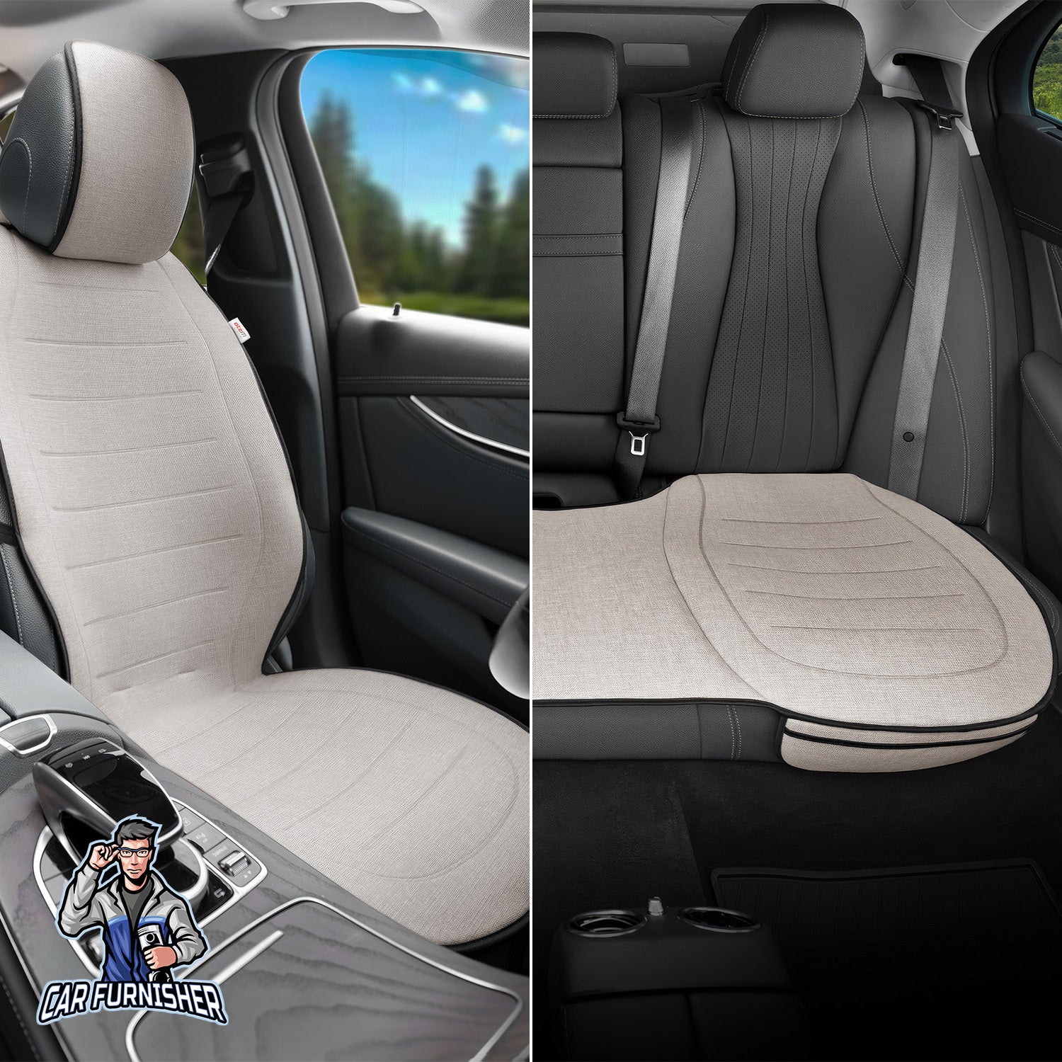 Car Seat Protector - Premium Linen Design Beige Full Set (2x Front Back 1x Back Bottom) Linen Fabric