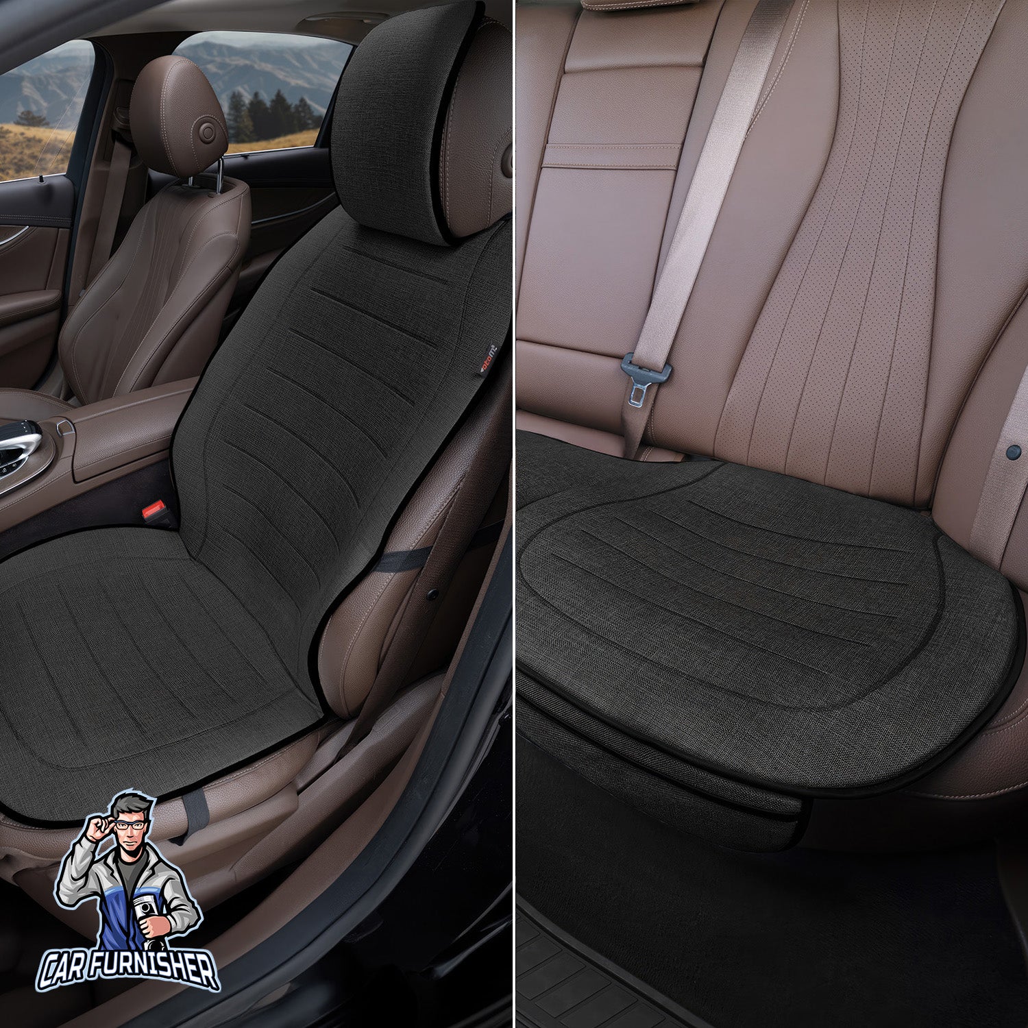 Car Seat Protector - Premium Linen Design Black Full Set (2x Front Back 1x Back Bottom) Linen Fabric