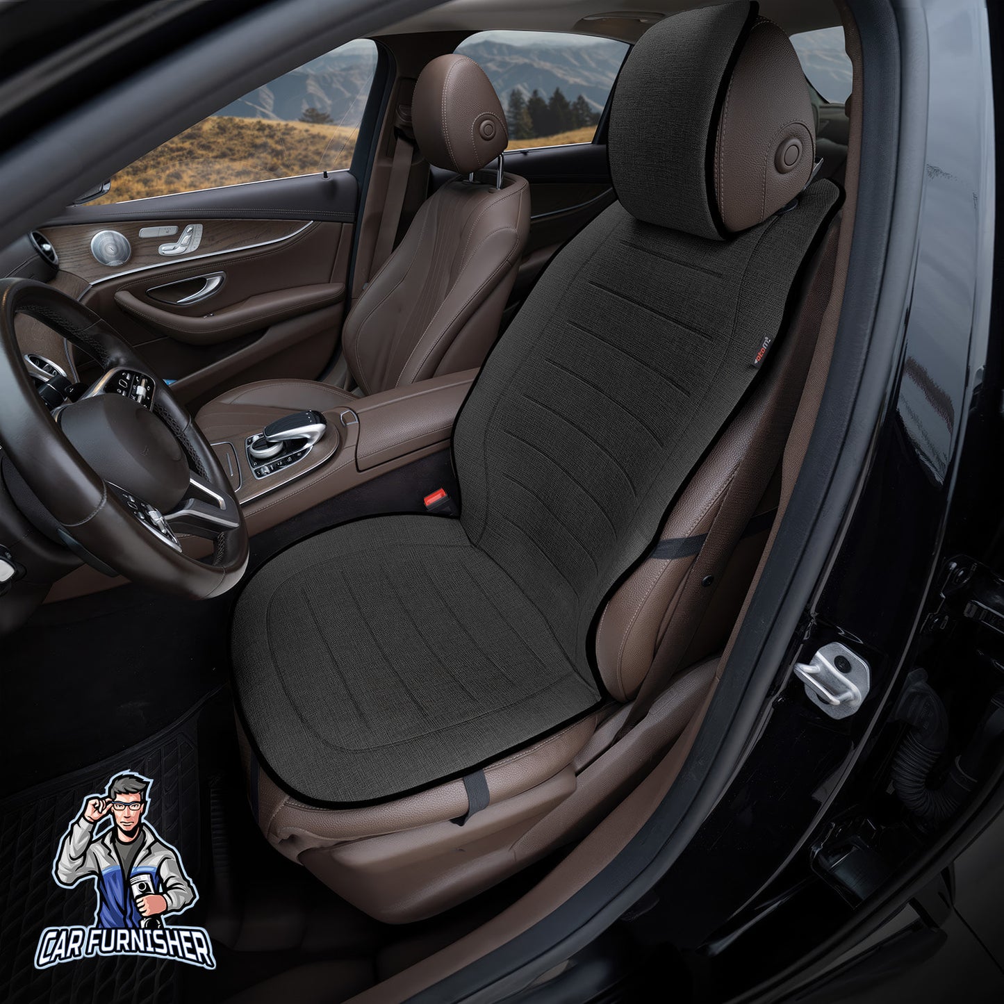 Car Seat Protector - Premium Linen Design Black 1x Front Seat Linen Fabric