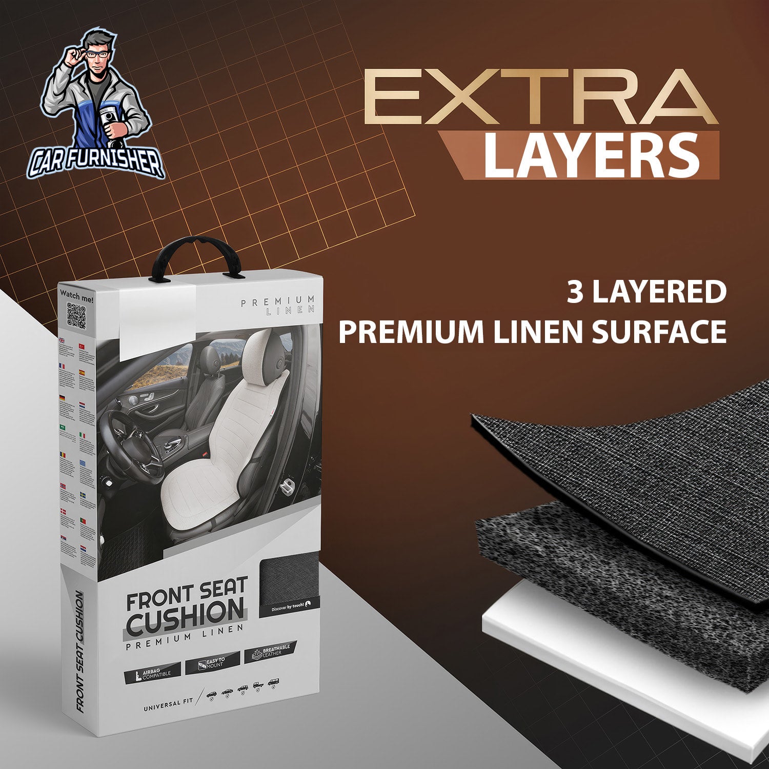 Car Seat Protector - Premium Linen Design Black 1x Front Seat Linen Fabric