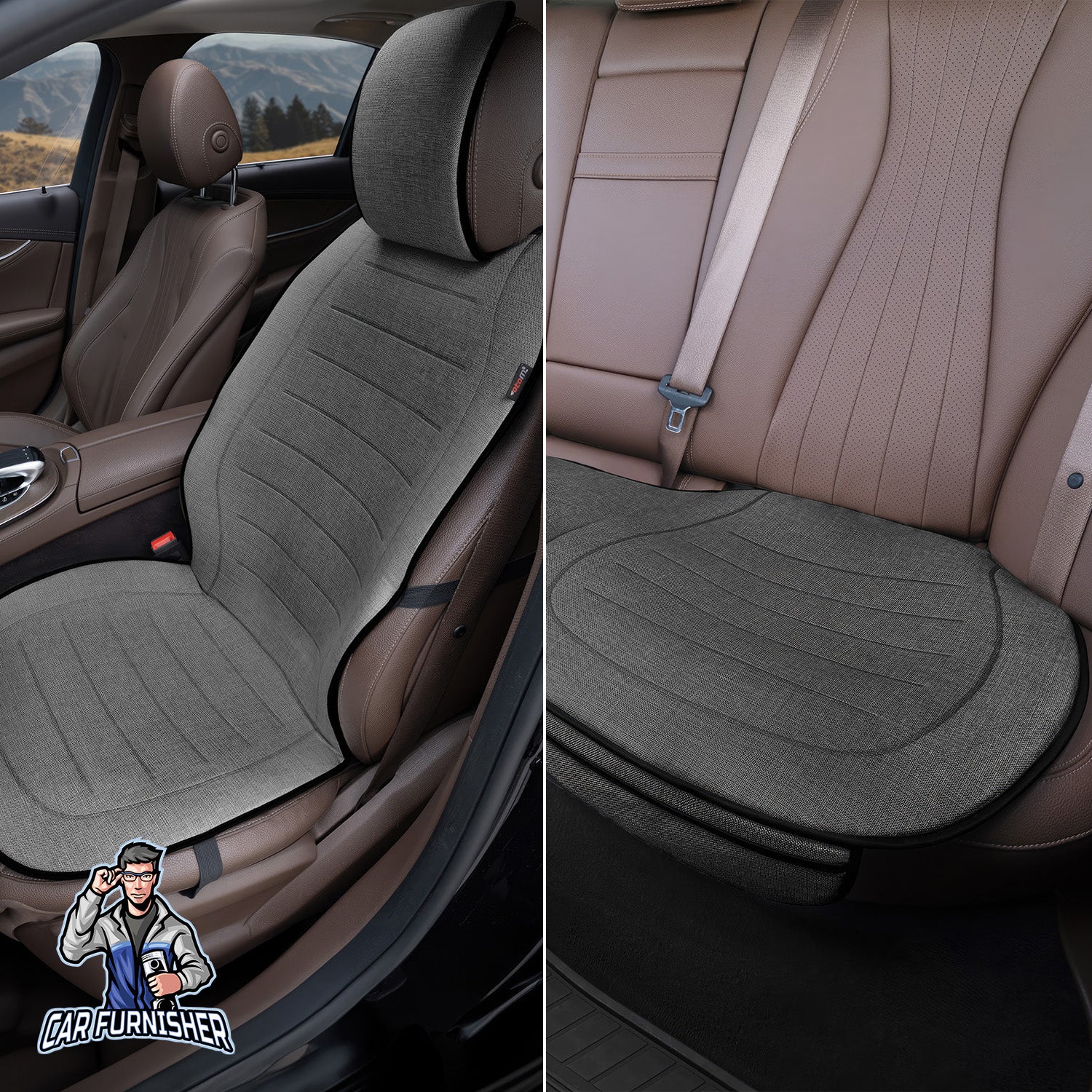 Car Seat Protector - Premium Linen Design Smoked Full Set (2x Front Back 1x Back Bottom) Linen Fabric