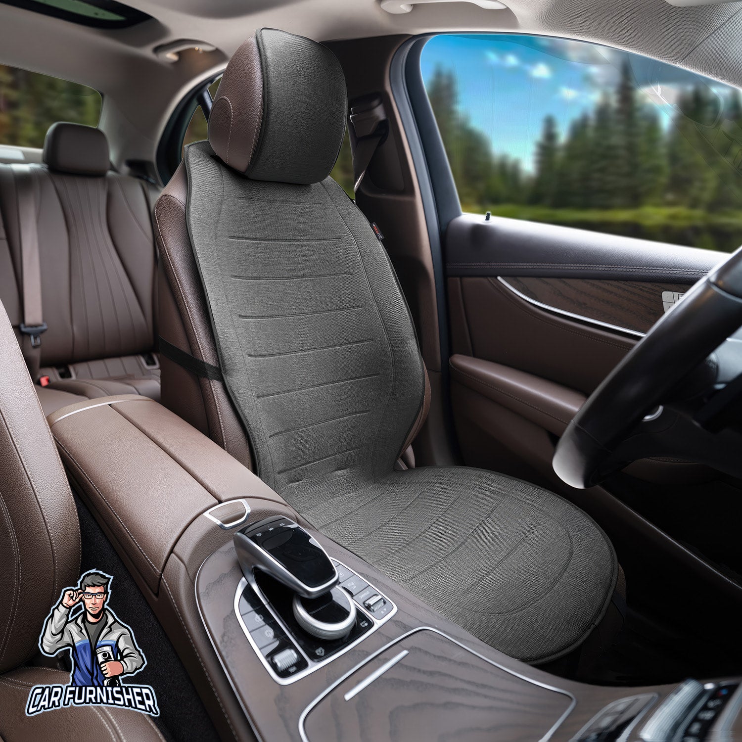 Car Seat Protector - Premium Linen Design Smoked 1x Front Seat Linen Fabric