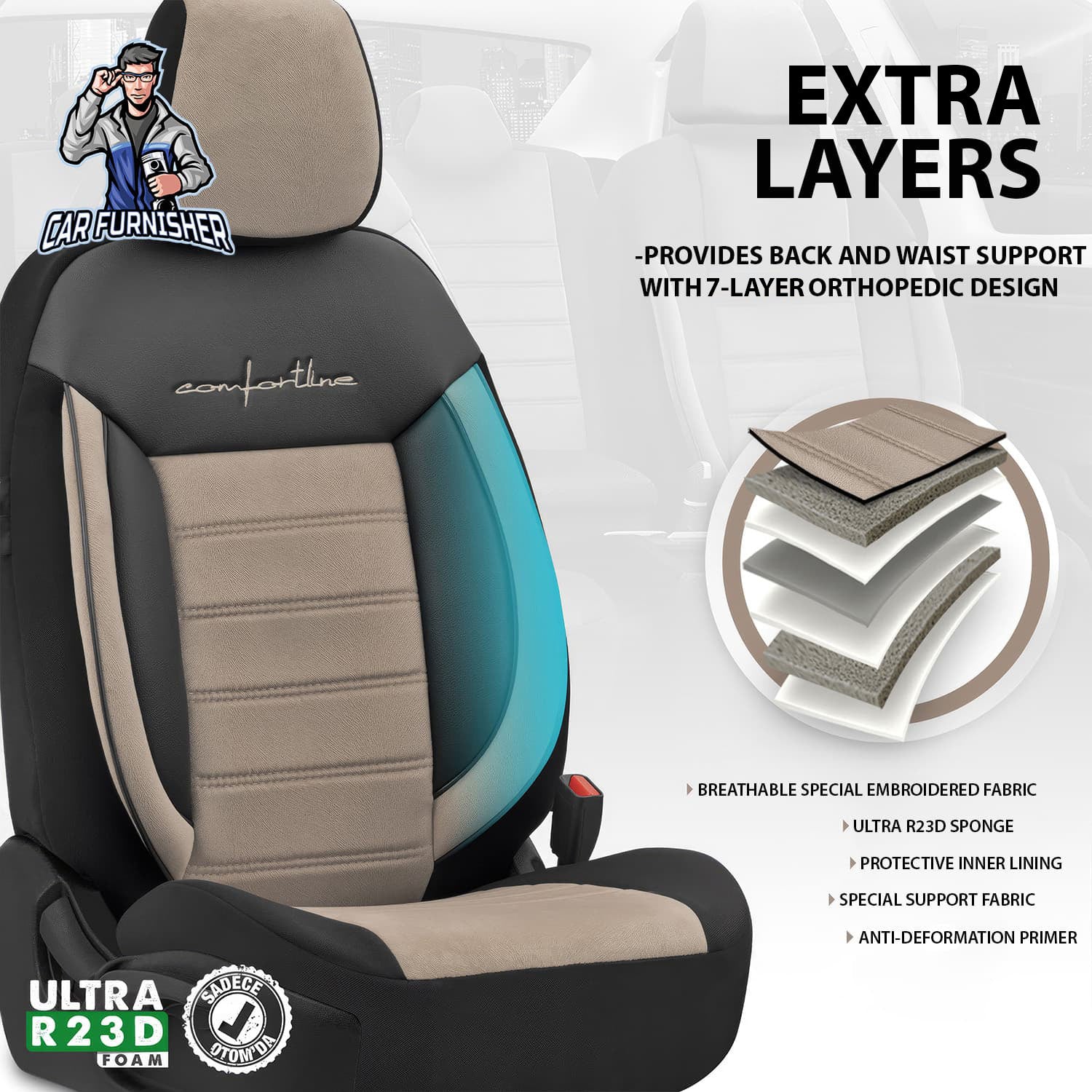 Car Seat Cover Set - Comfortline Design Dark Beige 5 Seats + Headrests (Full Set) Leather & Foal Feather Fabric