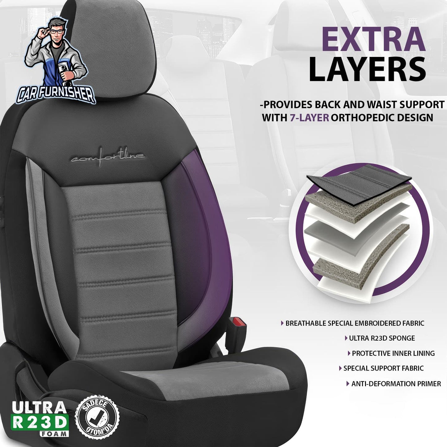 Car Seat Cover Set - Comfortline Design Gray 5 Seats + Headrests (Full Set) Leather & Foal Feather Fabric