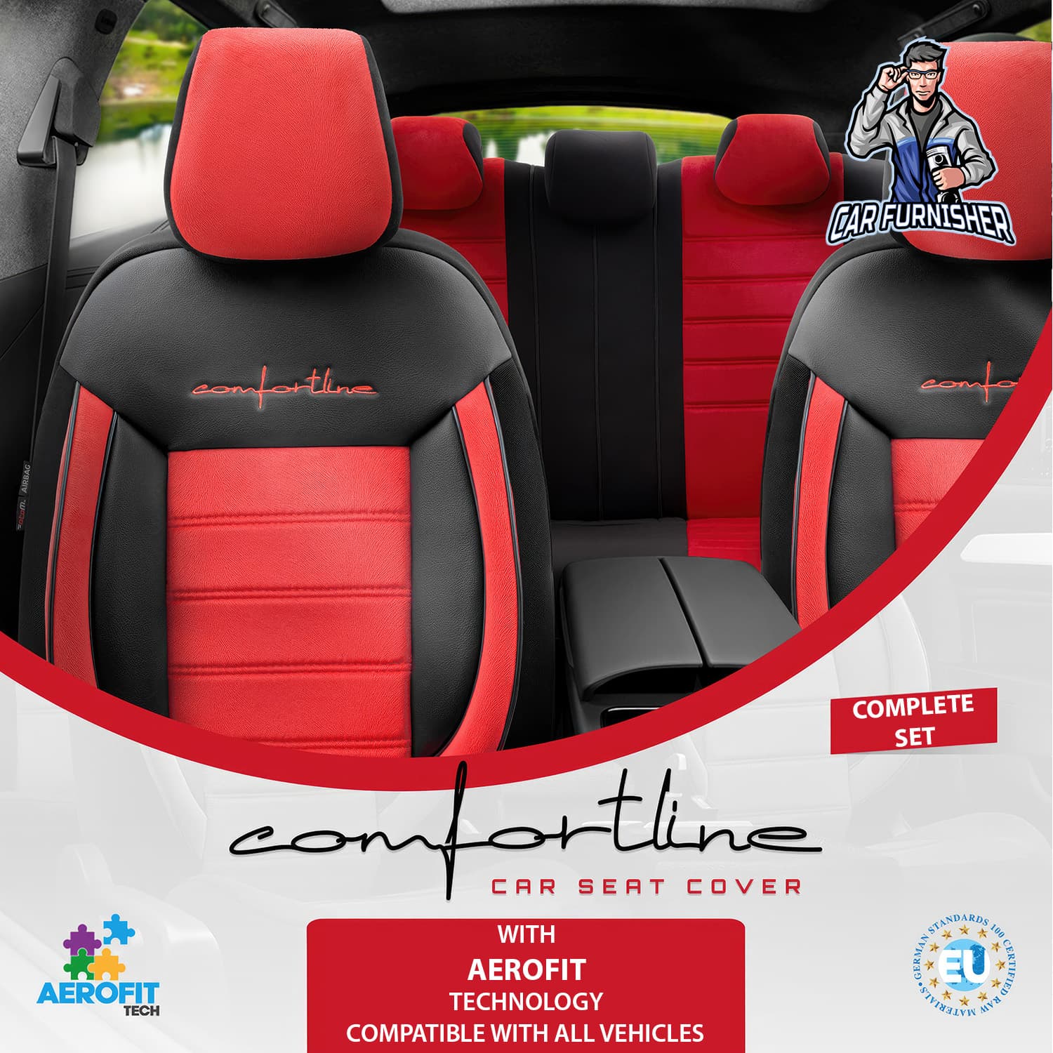 Car Seat Cover Set - Comfortline Design Red 5 Seats + Headrests (Full Set) Leather & Foal Feather Fabric