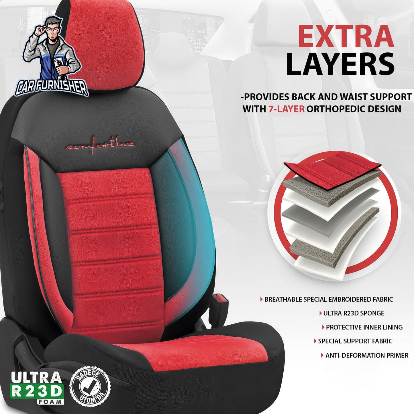 Car Seat Cover Set - Comfortline Design Red 5 Seats + Headrests (Full Set) Leather & Foal Feather Fabric