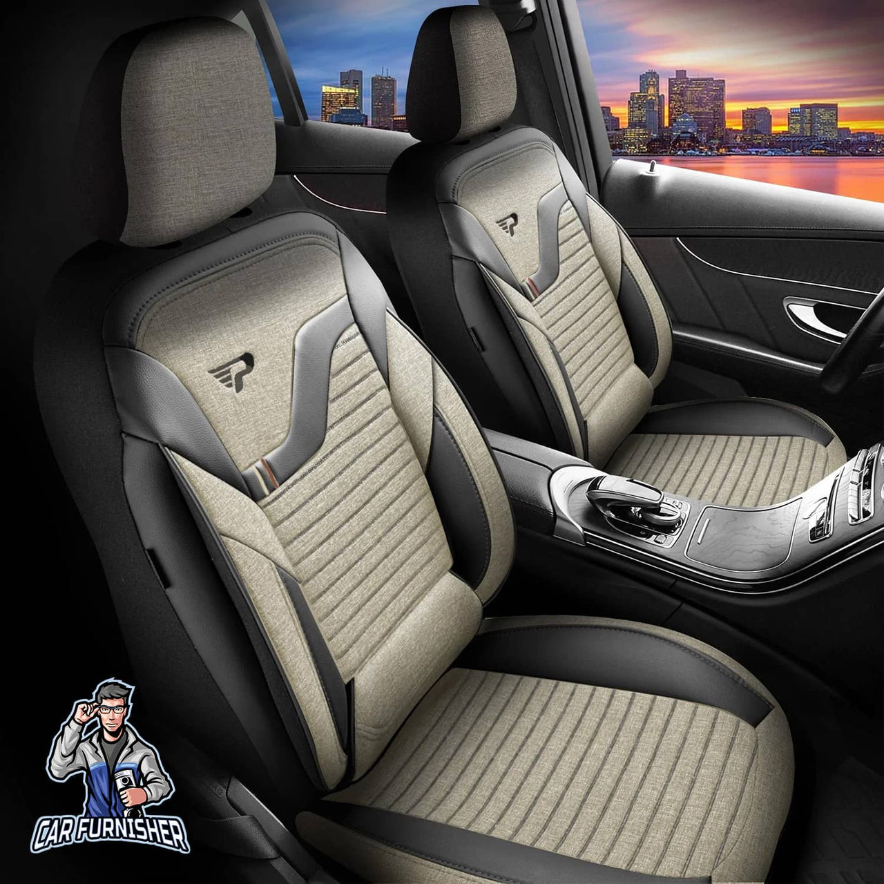 Audi A7 Seat Covers Boston Design Dark Beige 5 Seats + Headrests (Full Set) Leather & Linen Fabric