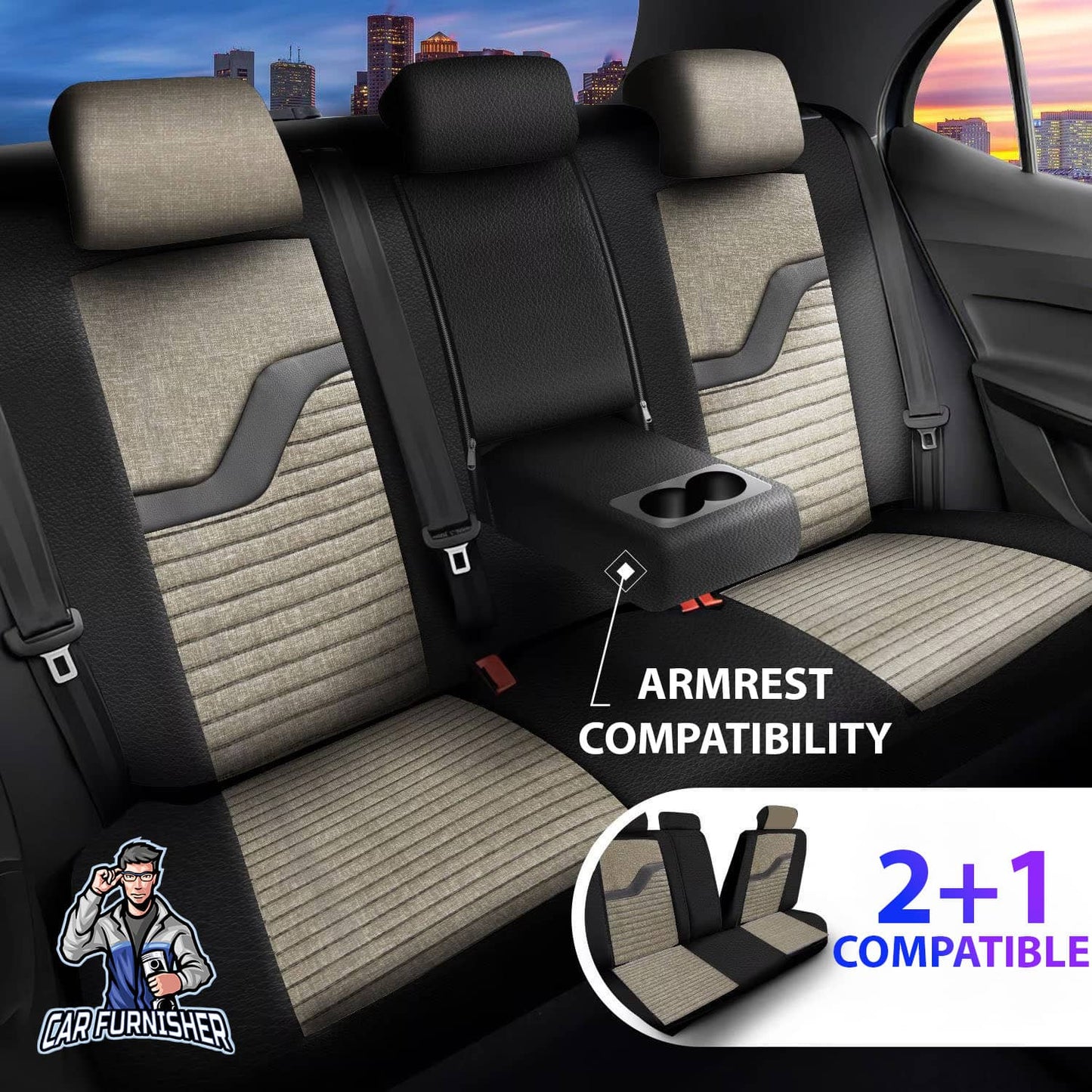 Car Seat Cover Set - Boston Design Dark Beige 5 Seats + Headrests (Full Set) Leather & Linen Fabric
