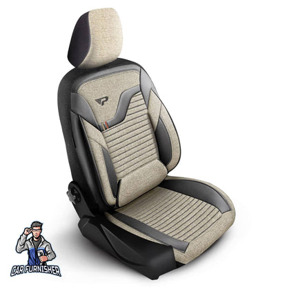 Car Seat Cover Set - Boston Design Dark Beige 5 Seats + Headrests (Full Set) Leather & Linen Fabric