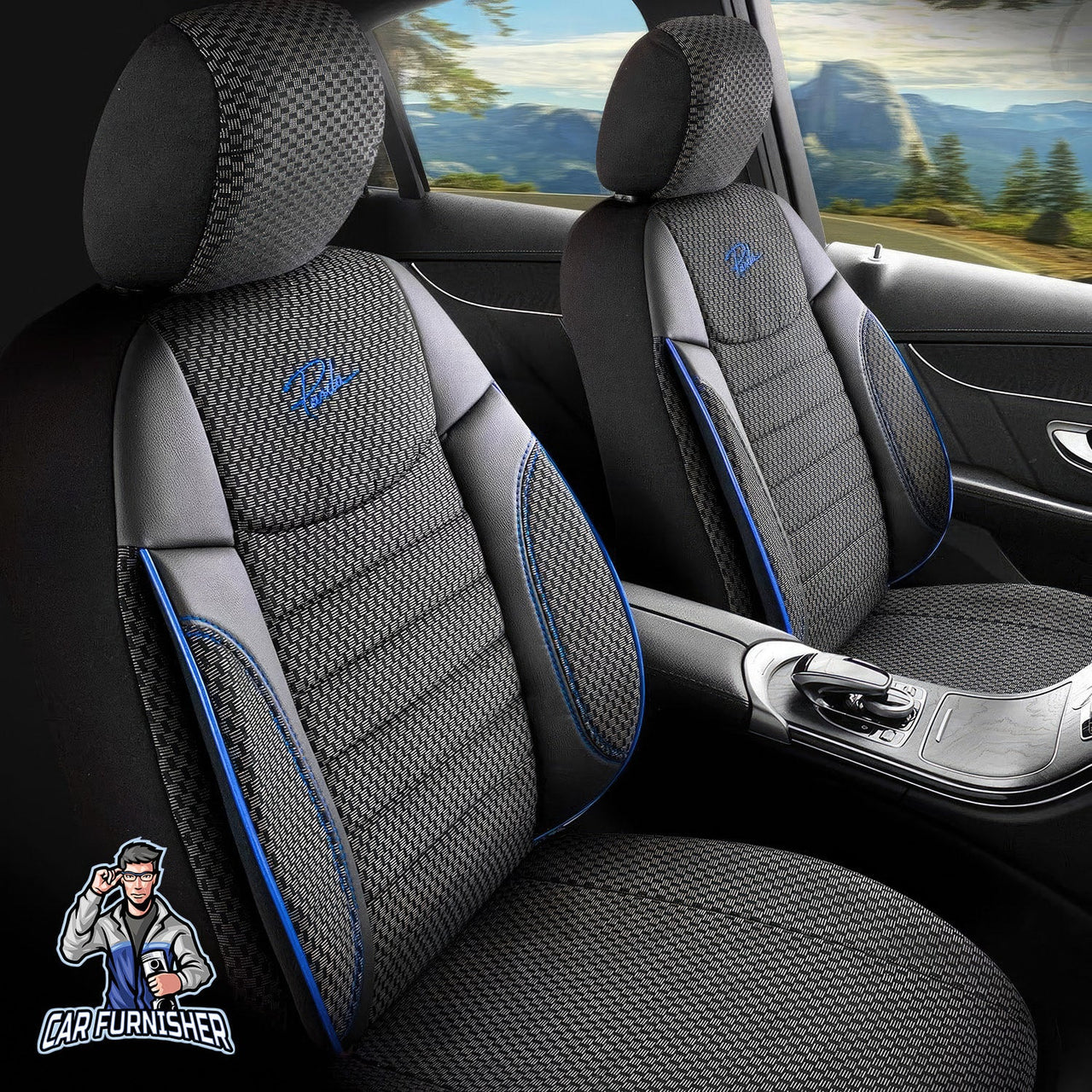 Mercedes 190 Seat Covers Elegant Design Dark Blue 5 Seats + Headrests (Full Set) Leather & Woven Fabric