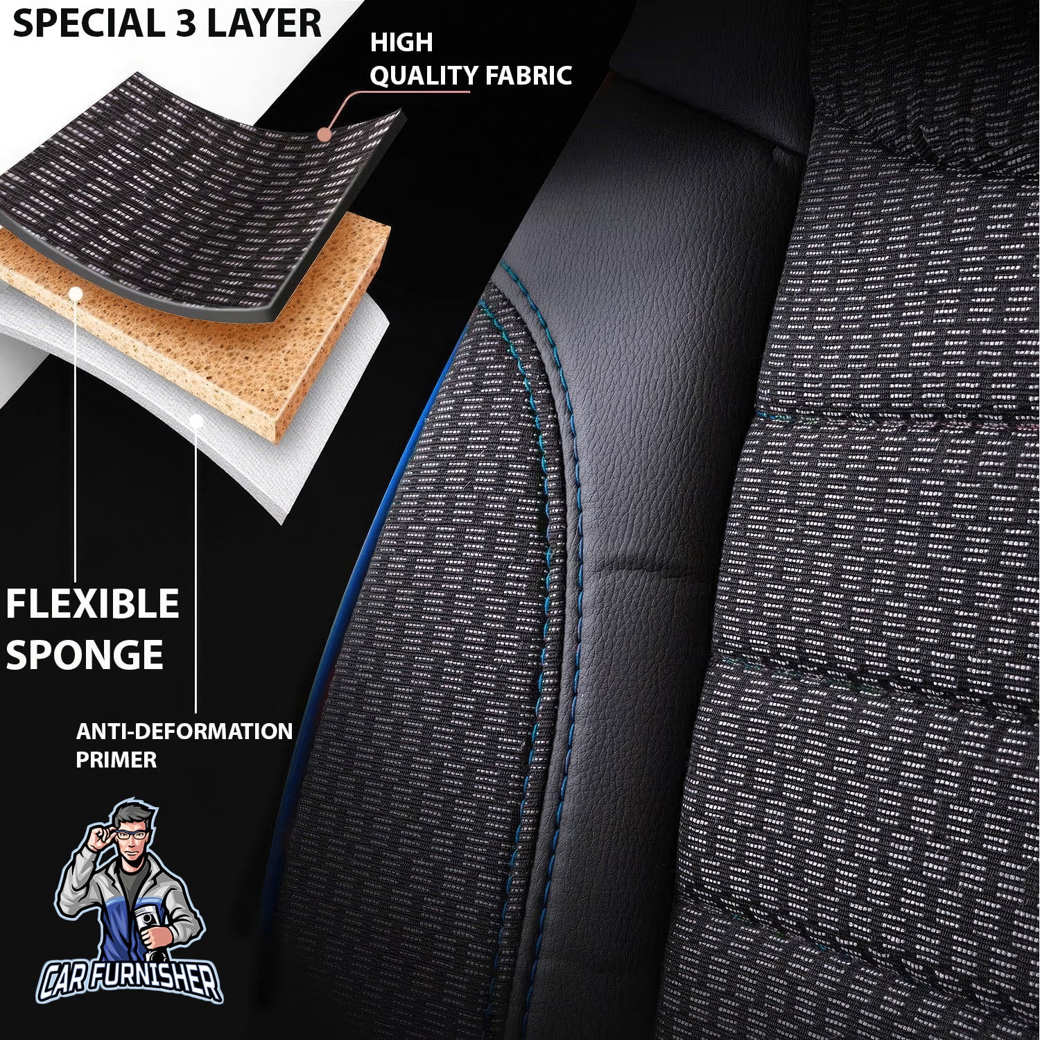 Car Seat Cover Set - Elegant Design Dark Blue 5 Seats + Headrests (Full Set) Leather & Woven Fabric