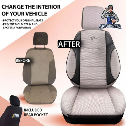 Car Seat Cover Set - Elegant Design Beige 5 Seats + Headrests (Full Set) Leather & Woven Fabric