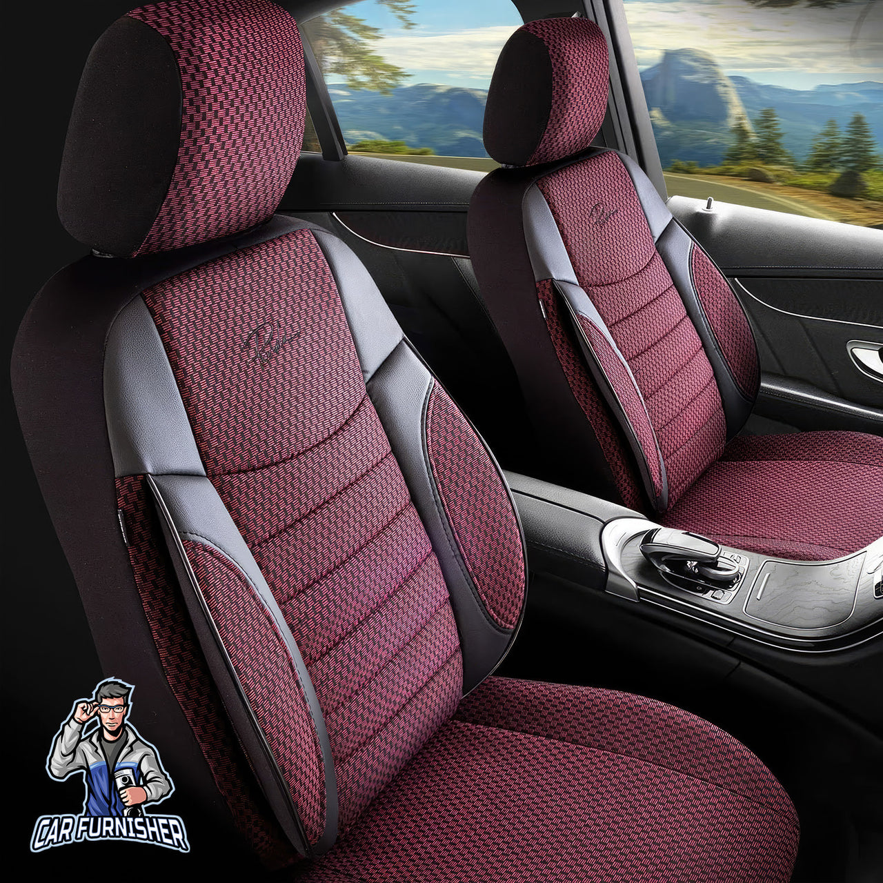 Car Seat Cover Set - Elegant Design Burgundy 5 Seats + Headrests (Full Set) Leather & Woven Fabric