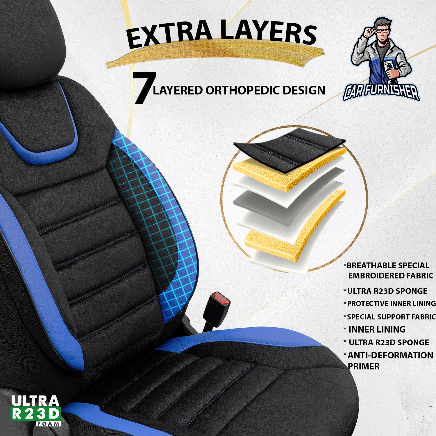 Car Seat Cover Set - Extra Support Iconic Design Blue 5 Seats + Headrests (Full Set) Leather & Lacoste Fabric