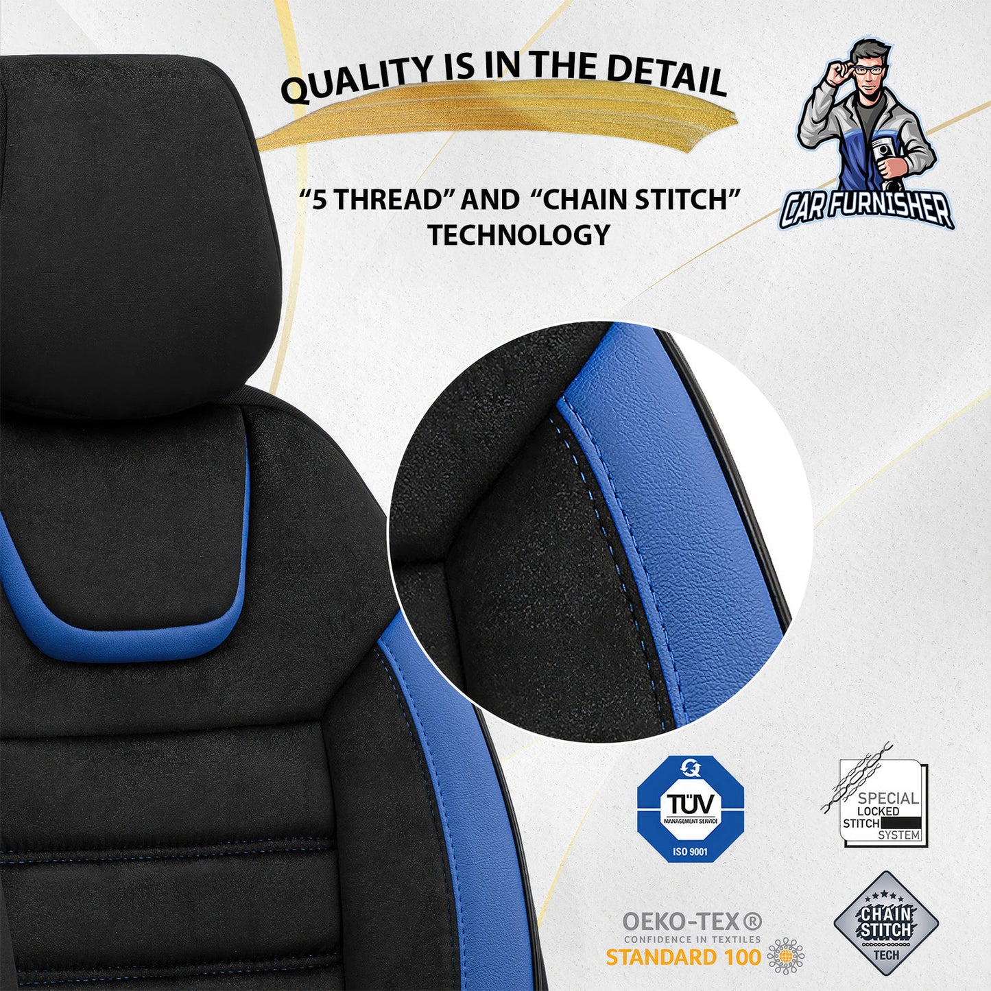 Car Seat Cover Set - Extra Support Iconic Design Blue 5 Seats + Headrests (Full Set) Leather & Lacoste Fabric