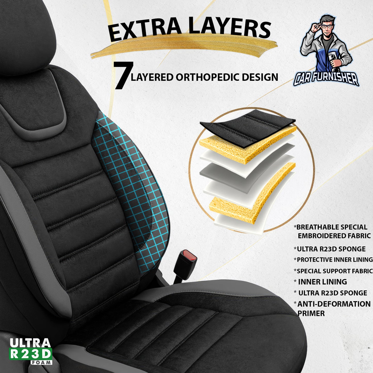 Car Seat Cover Set - Extra Support Iconic Design Gray 5 Seats + Headrests (Full Set) Leather & Lacoste Fabric