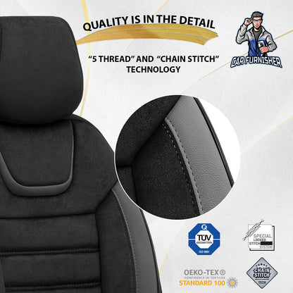 Car Seat Cover Set - Extra Support Iconic Design Gray 5 Seats + Headrests (Full Set) Leather & Lacoste Fabric