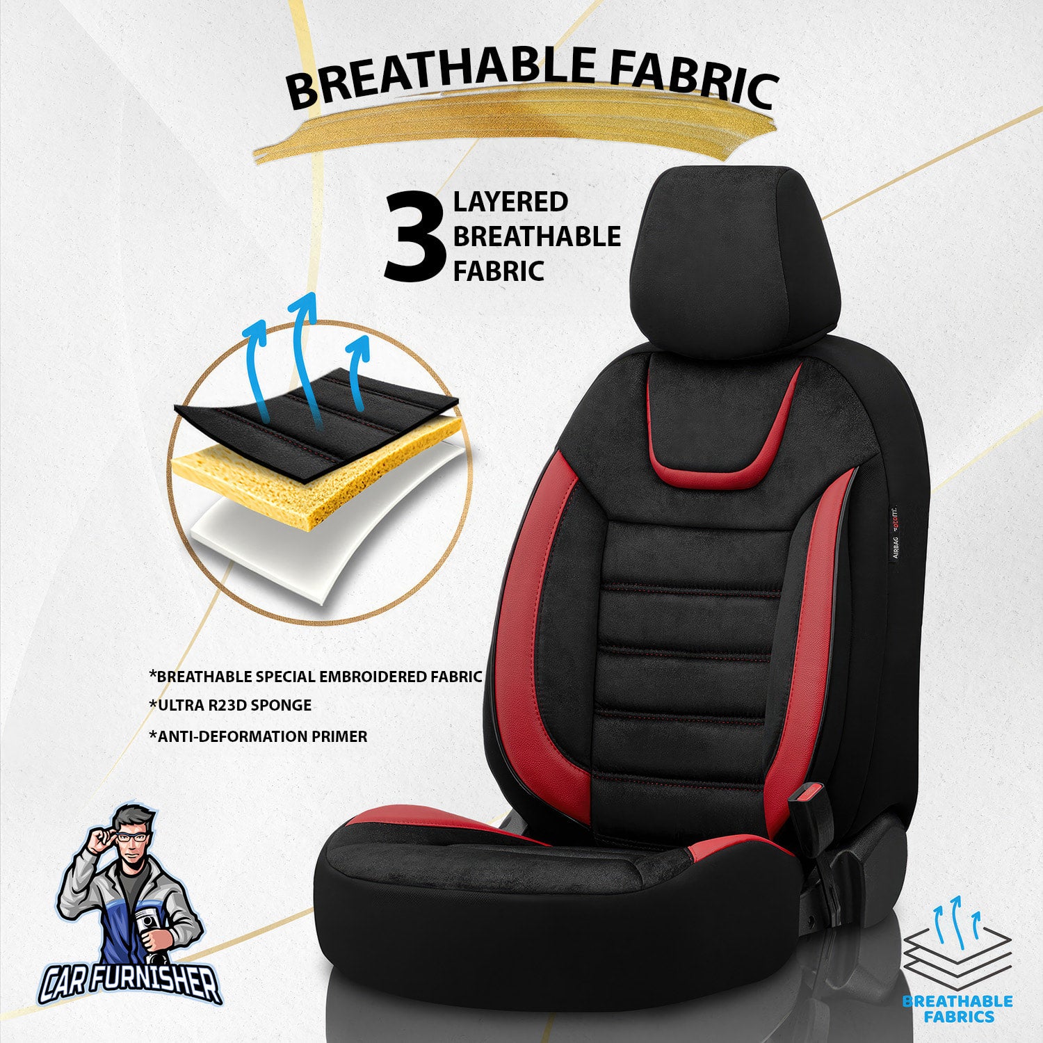 Car Seat Cover Set - Extra Support Iconic Design Red 5 Seats + Headrests (Full Set) Leather & Lacoste Fabric