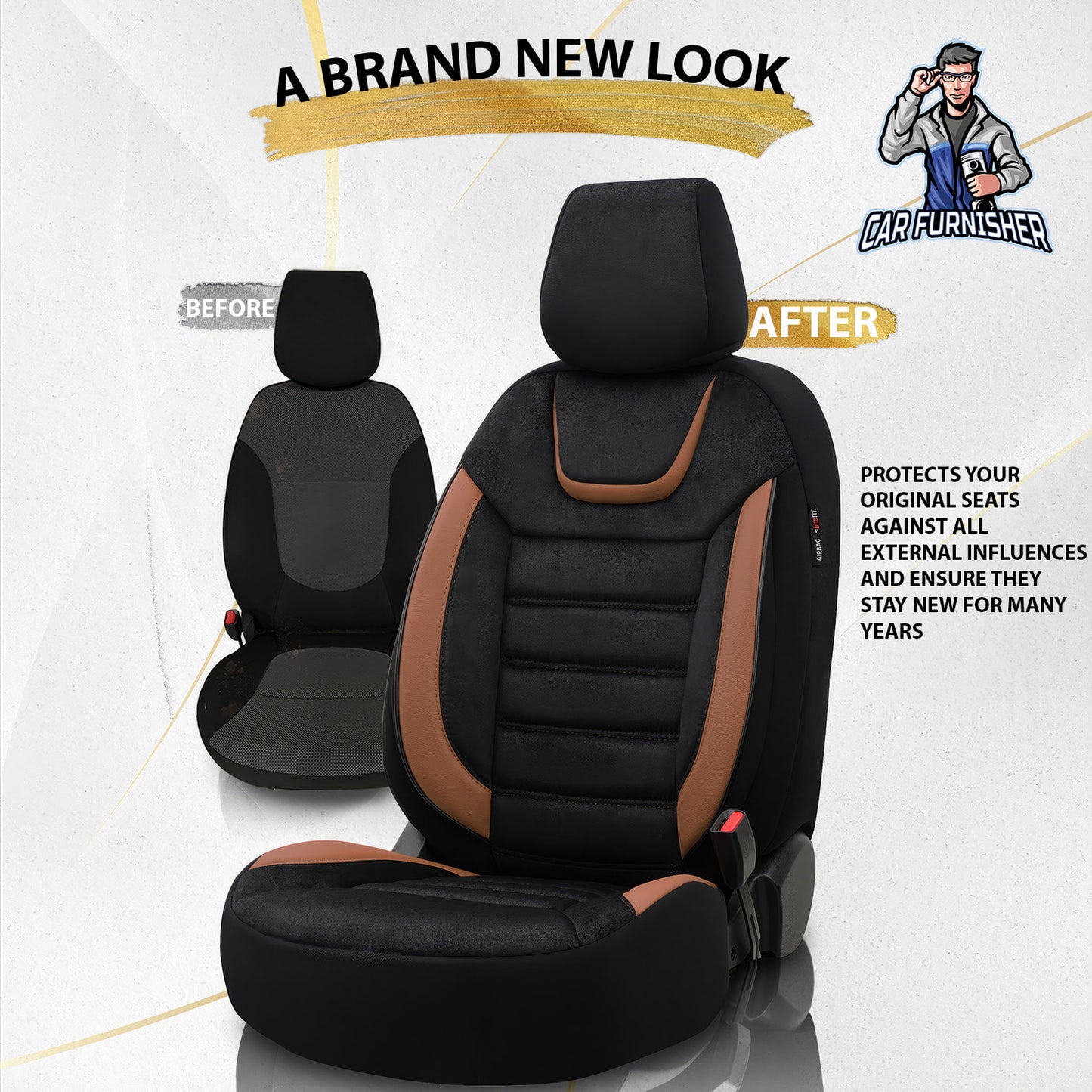 Car Seat Cover Set - Extra Support Iconic Design Brown 5 Seats + Headrests (Full Set) Leather & Lacoste Fabric
