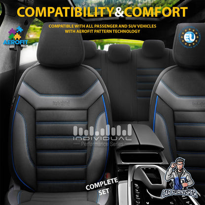 Mercedes 190 Seat Covers Extra Supportive Individual Design Blue 5 Seats + Headrests (Full Set) Leather & Lacoste Fabric