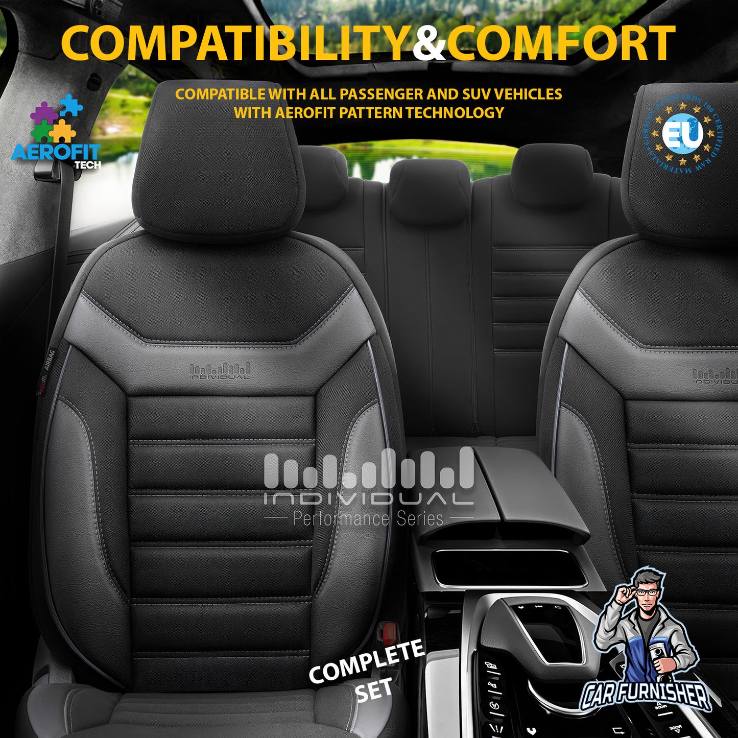 Car Seat Cover Set - Extra Supportive Individual Design Gray 5 Seats + Headrests (Full Set) Leather & Lacoste Fabric