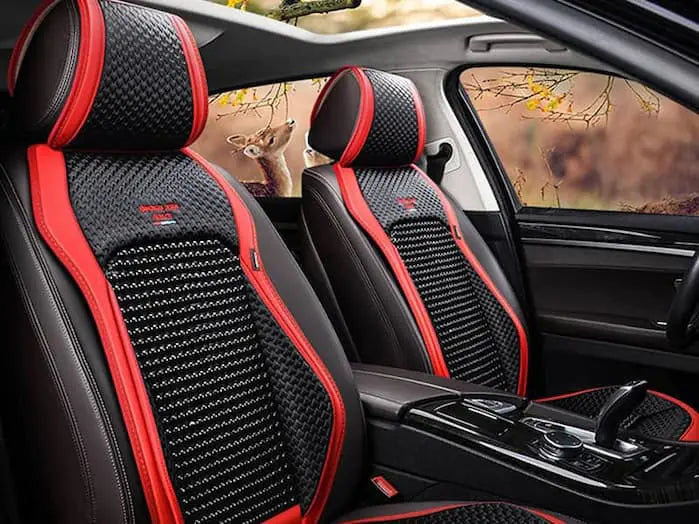 Contemporary car interior enhanced by upscale seat covers.