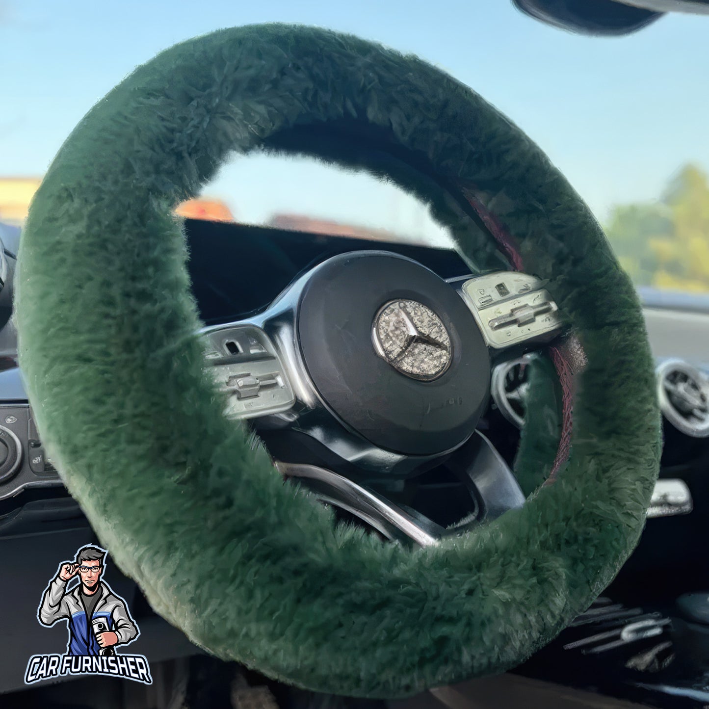 Fluffy Plush Steering Wheel Cover | Extra Soft Green Fabric