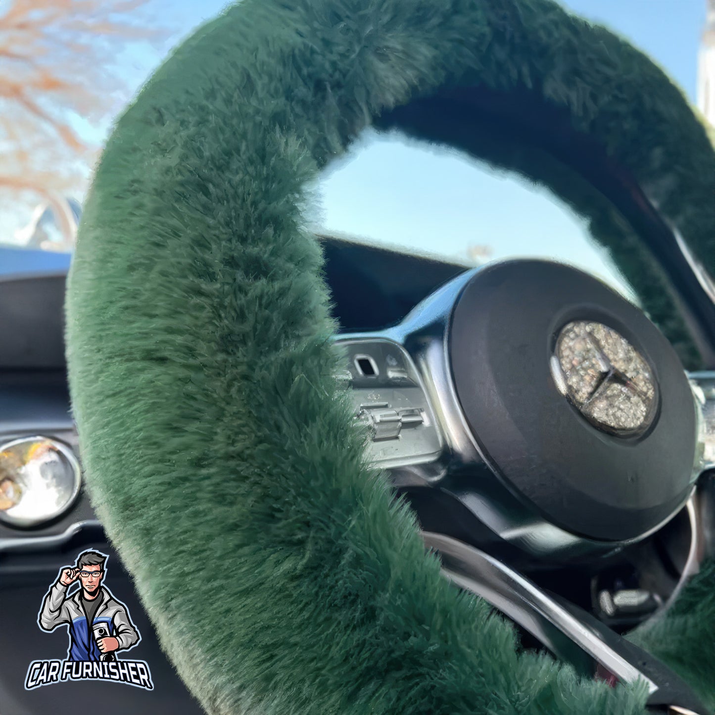Fluffy Plush Steering Wheel Cover | Extra Soft Green Fabric
