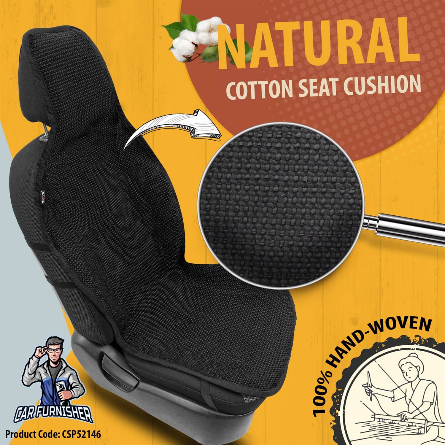 Hand Woven Car Seat Cushion & Seat Protector Natural Series Black 2x Front Seat Cotton & Fabric