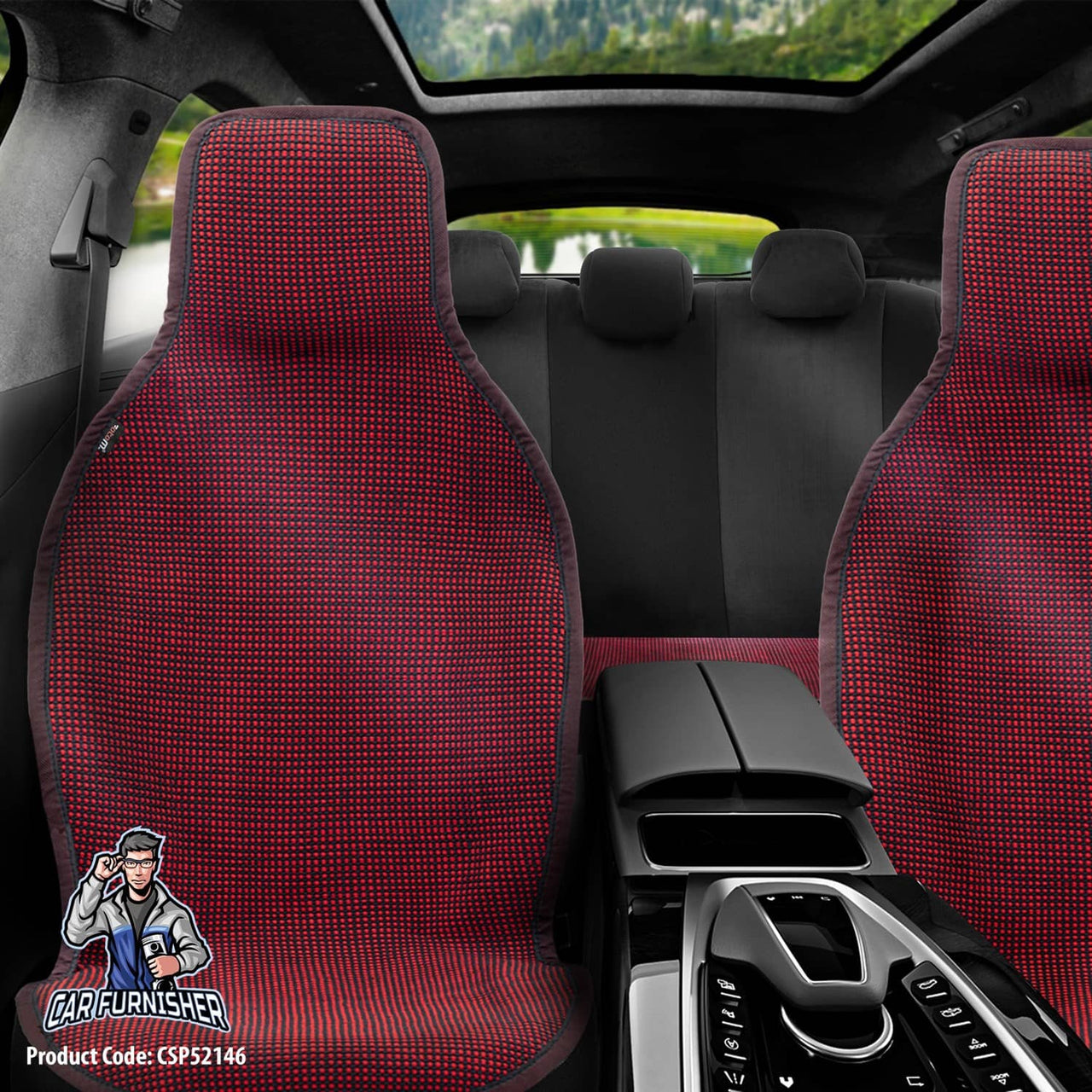 Hand Woven Car Seat Cushion & Seat Protector Natural Series Red Full Set (2x Front+1x Back) Cotton & Fabric