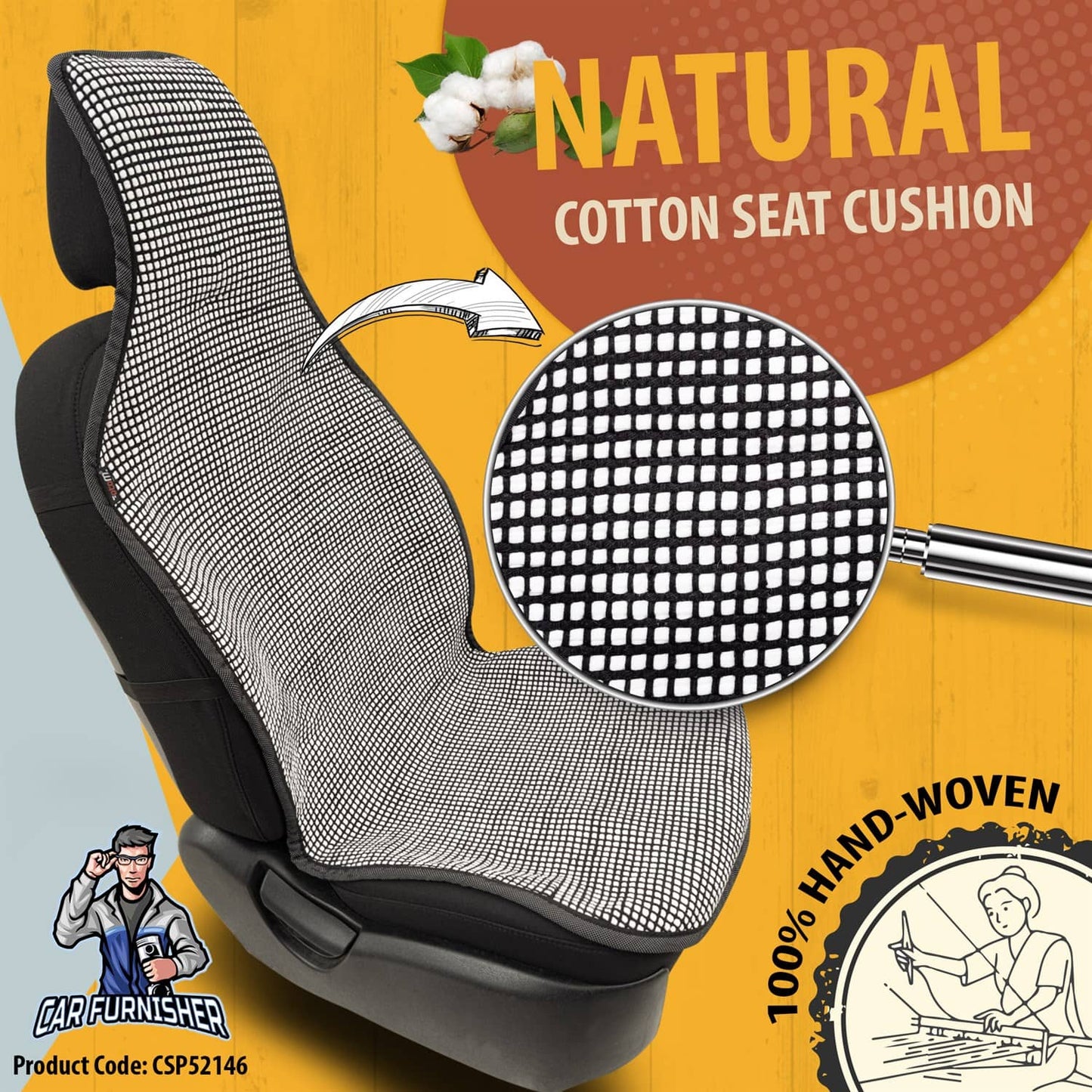 Hand Woven Car Seat Cushion & Seat Protector Natural Series White Full Set (2x Front+1x Back) Cotton & Fabric