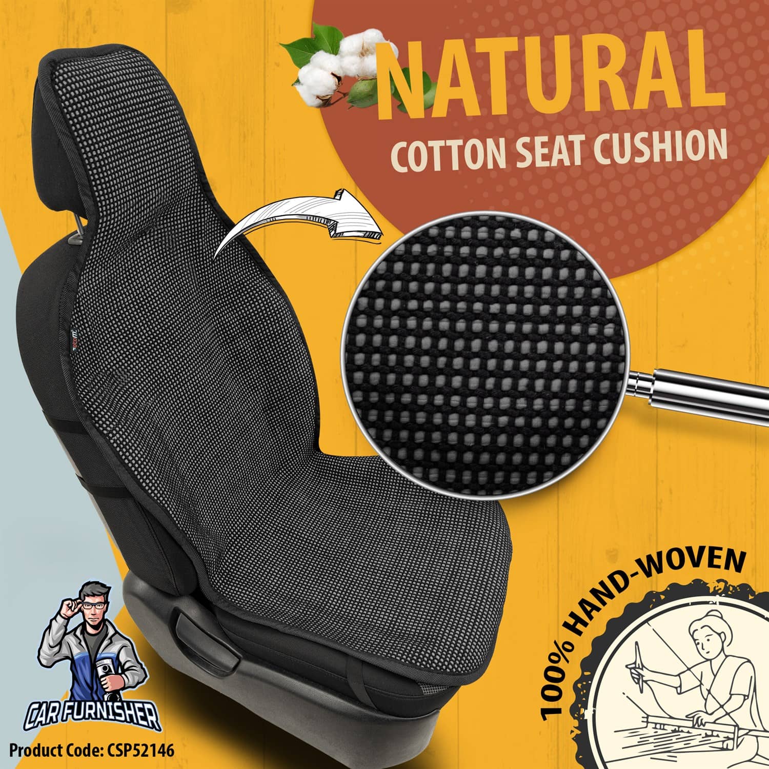 Hand Woven Car Seat Cushion & Seat Protector Natural Series Dark Gray 2x Front Seat Cotton & Fabric