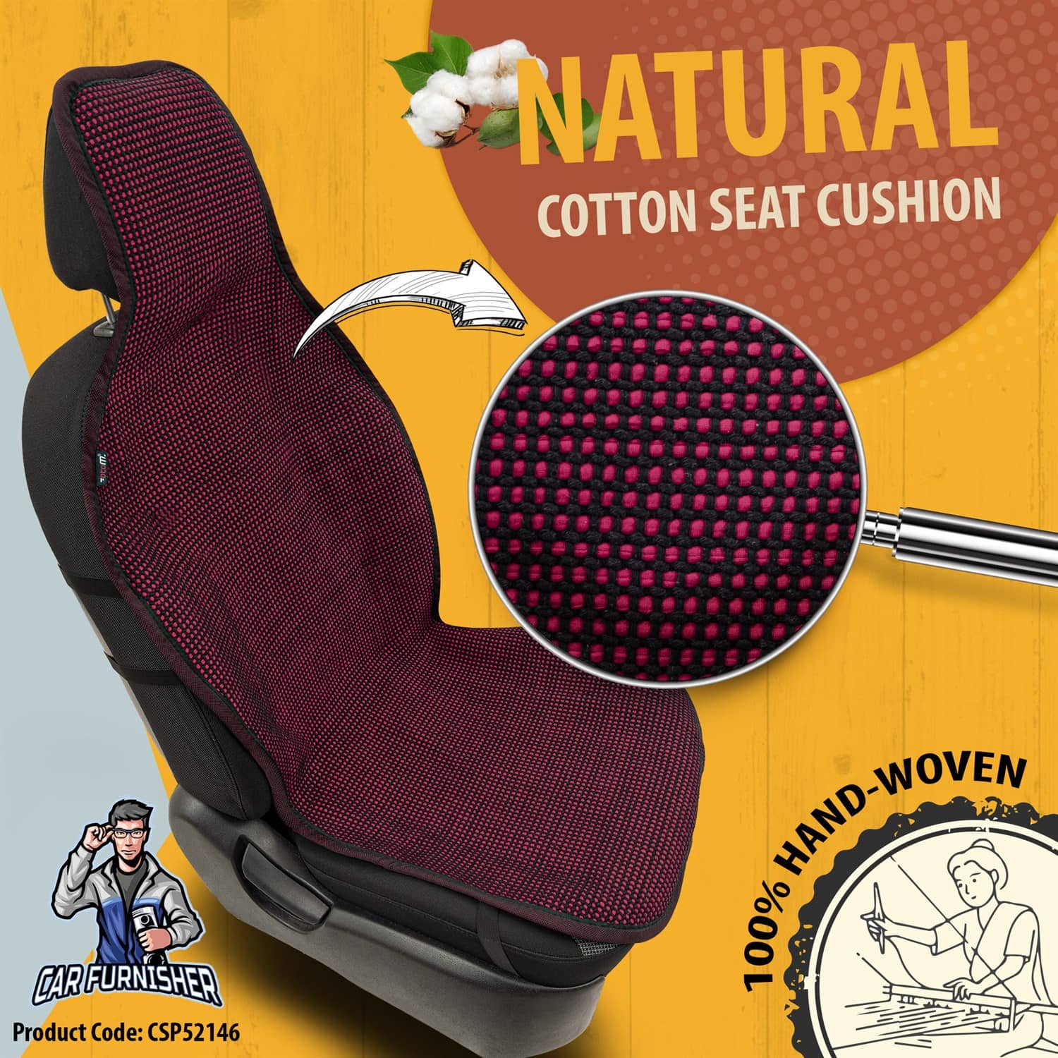 Hand Woven Car Seat Cushion & Seat Protector Natural Series Burgundy 2x Front Seat Cotton & Fabric