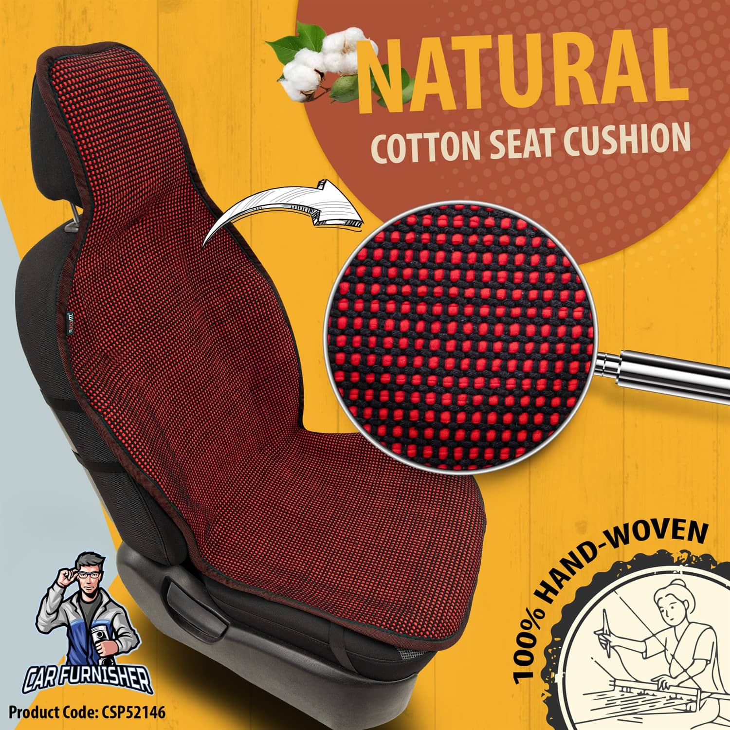 Hand Woven Car Seat Cushion & Seat Protector Natural Series Red 2x Front Seat Cotton & Fabric