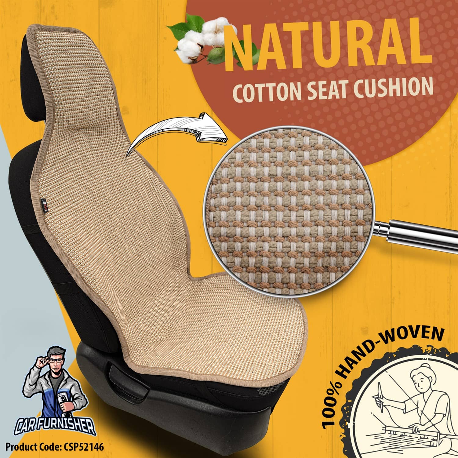 Hand Woven Car Seat Cushion & Seat Protector Natural Series Beige 1x Front Seat Cotton & Fabric