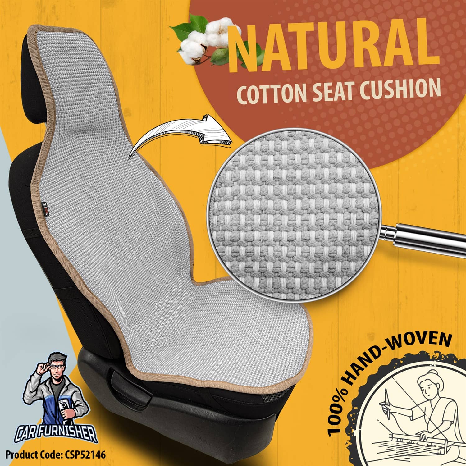 Hand Woven Car Seat Cushion & Seat Protector Natural Series Light Gray Full Set (2x Front+1x Back) Cotton & Fabric