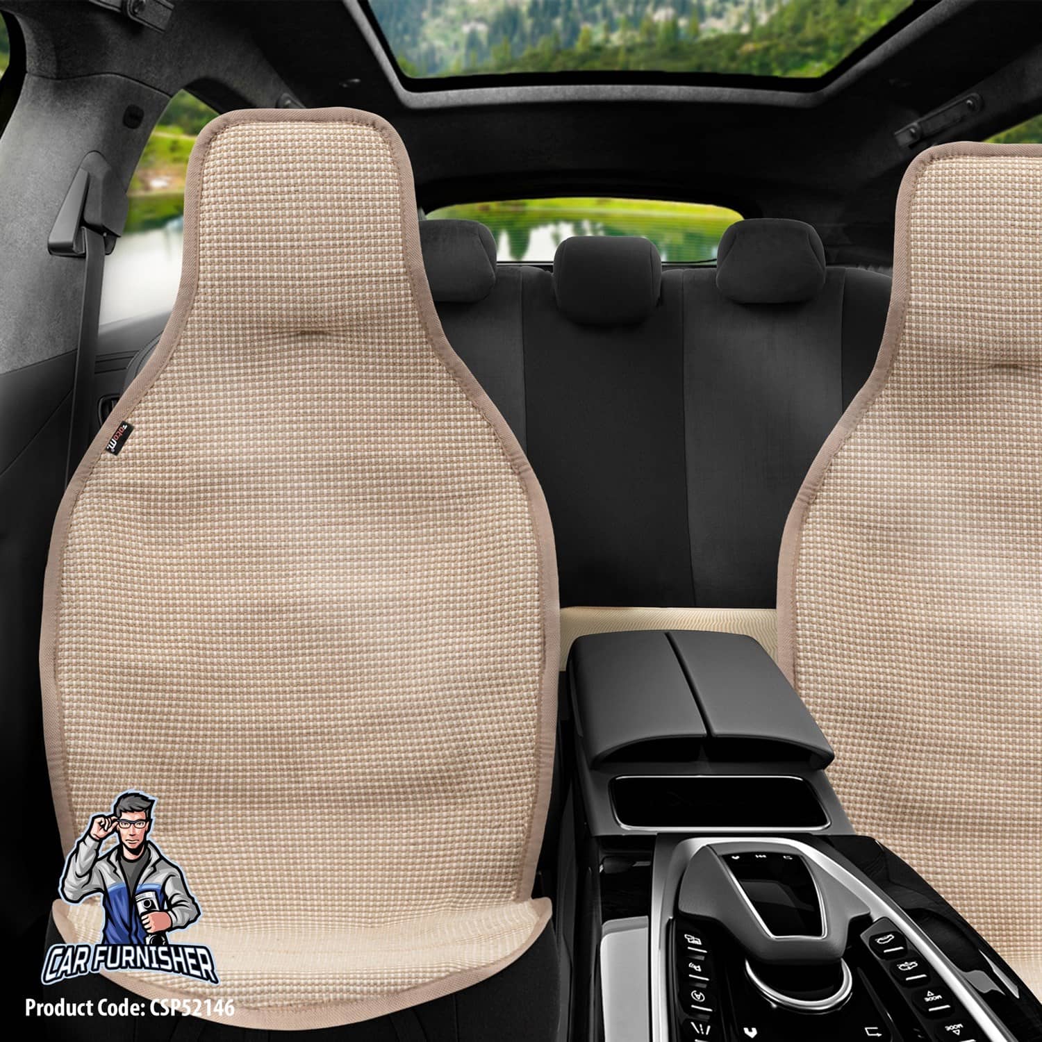 Hand Woven Car Seat Cushion & Seat Protector Natural Series Beige Full Set (2x Front+1x Back) Cotton & Fabric