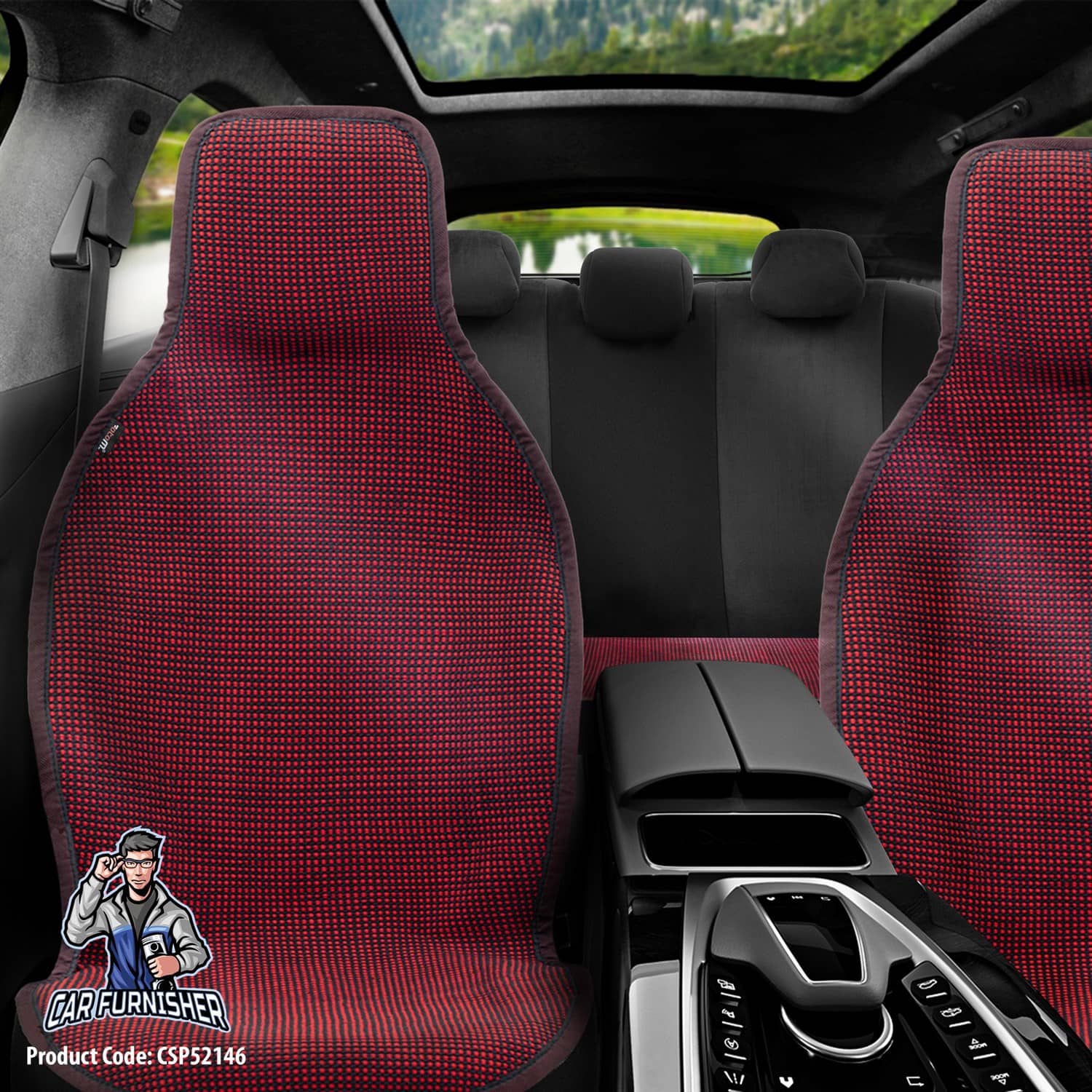 Hand Woven Car Seat Cushion & Seat Protector Natural Series Burgundy Full Set (2x Front+1x Back) Cotton & Fabric