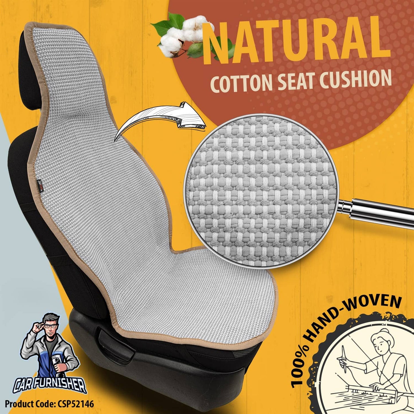 Hand Woven Car Seat Cushion & Seat Protector Natural Series Light Gray 2x Front Seat Cotton & Fabric