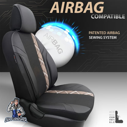Car Seat Cover Set - Horizon Design Beige 5 Seats + Headrests (Full Set) Leather & Jacquard Fabric