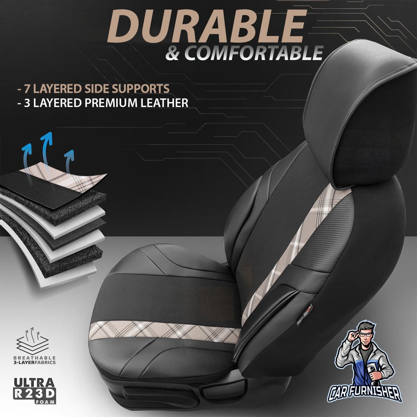 Car Seat Cover Set - Horizon Design Beige 5 Seats + Headrests (Full Set) Leather & Jacquard Fabric