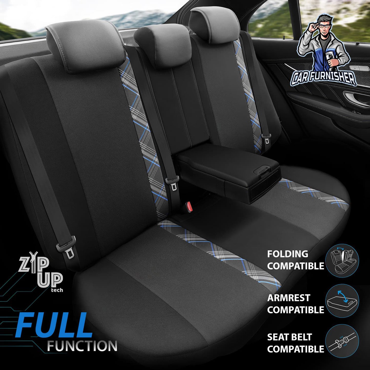 Car Seat Cover Set - Horizon Design Blue 5 Seats + Headrests (Full Set) Leather & Jacquard Fabric